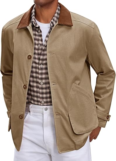 Mens Lightweight Jackets Button Down Casual Cotton Barn Jacket Vintage Military Fall Outwear with